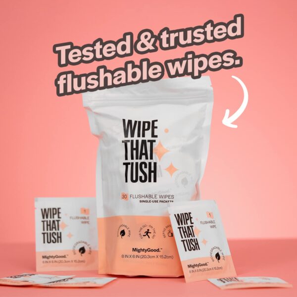 Wipe That Tush On-The-Go Flushable Wet Wipes - 1 Pack, 30 Wipes - Individually Wrapped Extra-Large Wipes with Aloe - Hypoallergenic & Unscented - Septic and Sewer Safe - Image 6